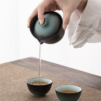 Керамичен порцеланов кунг-фу чайник Сервиз за чай за пътуване на открито Gaiwan против изгаряне 1 тенджера 2 чаши Чайник Infuser Чаена церемония