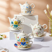 Керамичен преносим креативен сервиз за чай с цветя Европейски стил Един чайник Една чаша и чинийка Комплект Прост домашен офис комплект чай