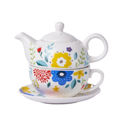 Керамичен преносим креативен сервиз за чай с цветя Европейски стил Един чайник Една чаша и чинийка Комплект Прост домашен офис комплект чай