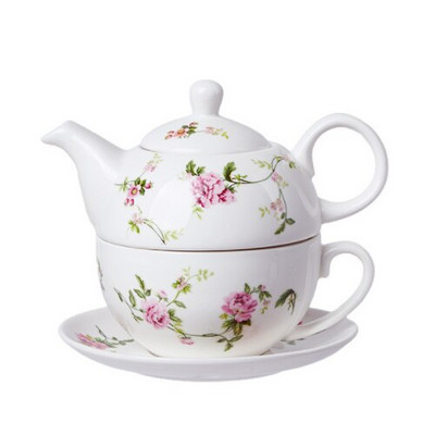 Керамичен преносим креативен сервиз за чай с цветя Европейски стил Един чайник Една чаша и чинийка Комплект Прост домашен офис комплект чай