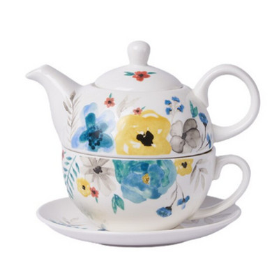 Керамичен преносим креативен сервиз за чай с цветя Европейски стил Един чайник Една чаша и чинийка Комплект Прост домашен офис комплект чай