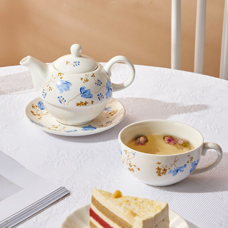 Керамичен преносим креативен сервиз за чай с цветя Европейски стил Един чайник Една чаша и чинийка Комплект Прост домашен офис комплект чай