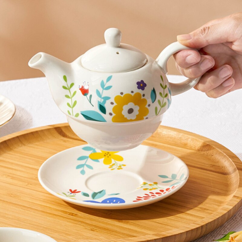 Керамичен преносим креативен сервиз за чай с цветя Европейски стил Един чайник Една чаша и чинийка Комплект Прост домашен офис комплект чай