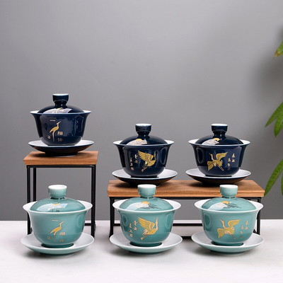 Китайски традиционен сервиз за чай Gaiwan, чаша за чай с изящен модел на цветя и птици, порцеланов чайник Сервиз за чай Kung Fu Gaiwan Чаша за чай