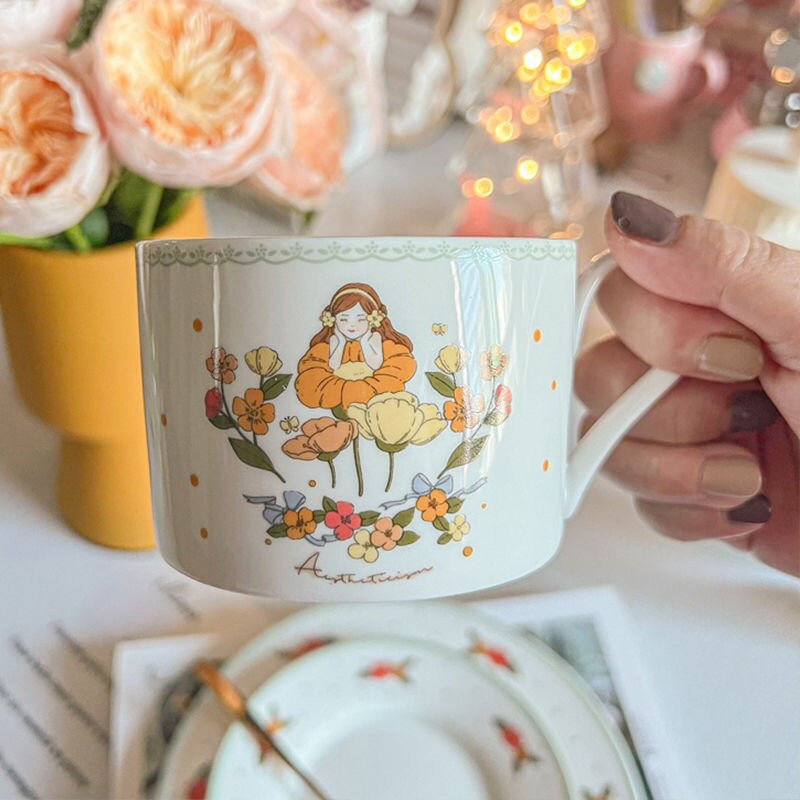 Ins Vintage dievčenská kvetinová šálka na čaj s podšálkou, prémiová porcelánová sada šálok na kávu, roztomilý hrnček na kávu a mlieko, dezertný tanier, stolové potreby