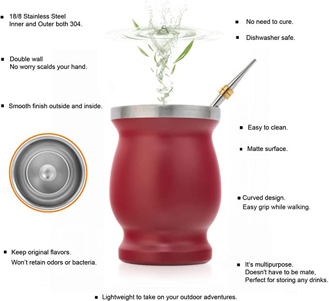 Yerba Mate moliūgų rinkinys su dviguba sienele nerūdijančio plieno Mate arbatos puodeliu ir Bombilla rinkiniu, kurį sudaro Yerba Mate moliūgas (puodelis) su viena bomba