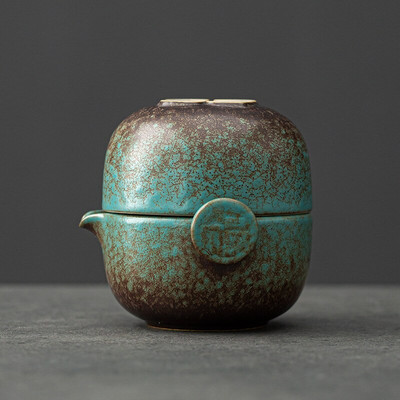 Ceainic din ceramică verde, ceainic, seturi de ceai de călătorie portabile, lucrate manual, de designer chinezesc, veselă de ceai retro, cești vintage, cadou unic pentru prieten
