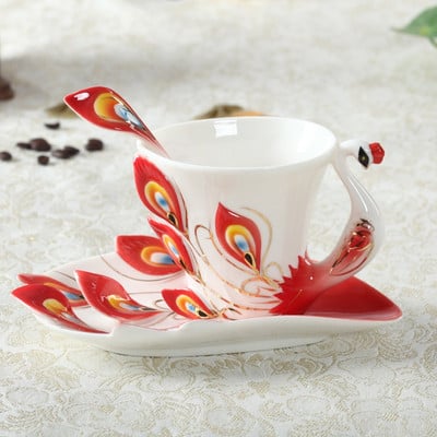 Ceașă de cafea din ceramică în stil european Creative Bone China, smalț 3D, ceașcă de ceai din porțelan cu farfurie și set de lingură Veselă