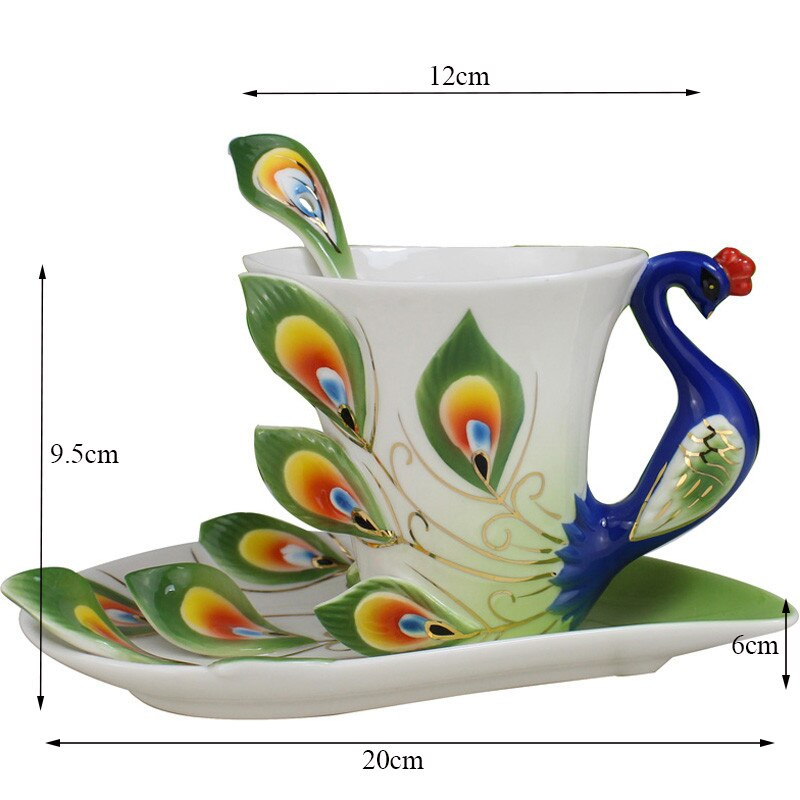 Európsky štýl keramického šálky na kávu, kreatívneho kostného porcelánu s 3D smaltovaným farebným porcelánovým čajovým šálkom s podšálkou a lyžičkou, sada riadu