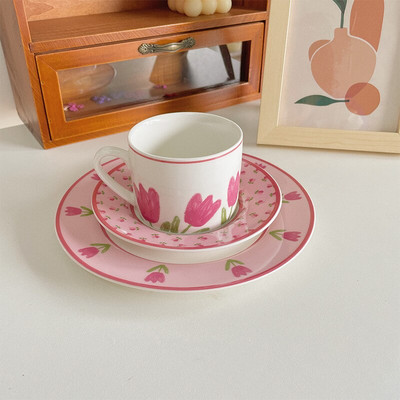 Cutelife Ins Tulip Pink Set keramičkih šalica za kavu Dekoracija doma Mlijeko Čaj Šalica za doručak Tanjurić Vintage vjenčani tanjur Šalica za višekratnu upotrebu