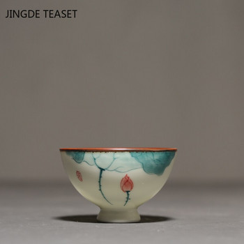 Китайска керамична чаша за чай Ръчно рисувана шарка на лотос Купа за чай Главна чаша Персонална единична чаша Малки чаени чаши за пътуване Чаена посуда