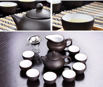 11 бр. Комплект за чай Kung Fu Отвън черен отвътре бял Zisha, чайник Yixing Ръчно изработен комплект чаши за чайник от лилава глина, керамичен китайски подарък