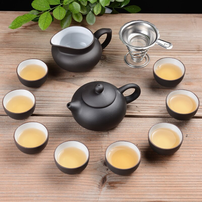 11db Kung Fu teáskészlet kívül fekete belül fehér Zisha,Yixing teáskanna kézzel készített lila agyag teáskanna csészekészlet,kerámia kínai ajándék