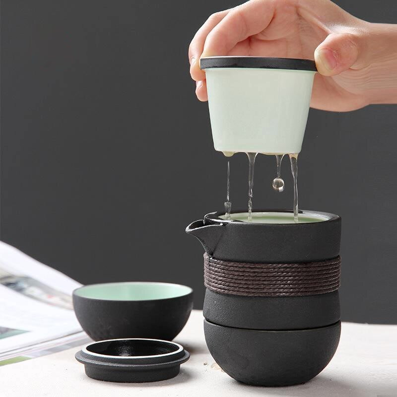 Dehua putni set za čaj, čajnik s keramičkim uljevkom i 2 keramičke šalice za čaj, prenosiv s torbom za nošenje