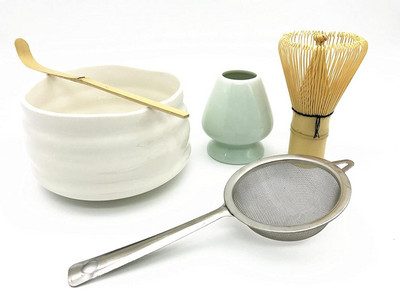 Populiariausias „Matcha“ arbatos rinkinys ekologiškas bambuko šluoteles su 100 šakelių „Chasen Scoop Kline“ glazūruotas „Chawan“ dubenėlis ir „Reshaper“ laikiklio filtras