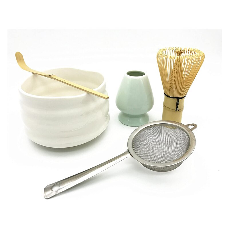 Populiariausias „Matcha“ arbatos rinkinys ekologiškas bambuko šluoteles su 100 šakelių „Chasen Scoop Kline“ glazūruotas „Chawan“ dubenėlis ir „Reshaper“ laikiklio filtras