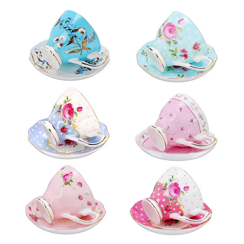 6 štýlových 240ml modrý ružový porcelán módny britský kostný porcelán šálka na kávu s podšálkou keramická kvetinová čajová súprava sada šálok na čaj s podšálkou