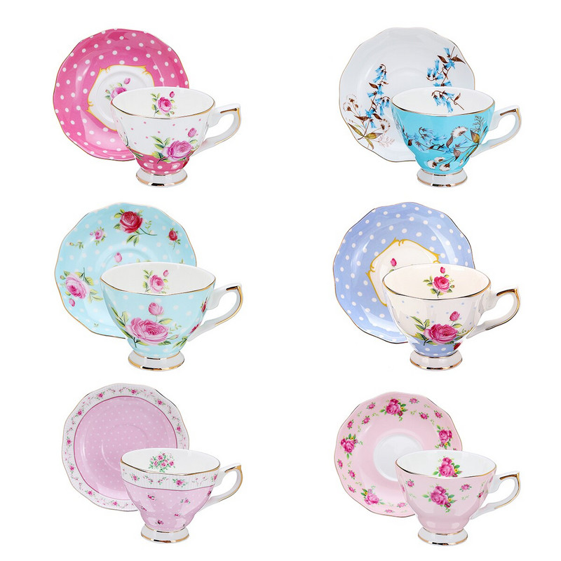 6 štýlových 240ml modrý ružový porcelán módny britský kostný porcelán šálka na kávu s podšálkou keramická kvetinová čajová súprava sada šálok na čaj s podšálkou