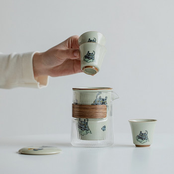 Преносим керамичен чай с медна глазура за пътуване Tiger Year Teaware Подарък против изгаряне Galss Tea Pitche Външен чайник 1 тенджера 3 чаши