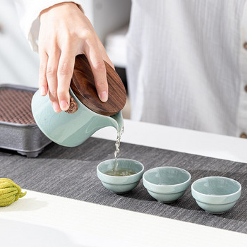 Японски комплект за чай за пътуване, 1 тенджера, 3 чаши, филтър от неръждаема стомана на преносима офис чаша за чай, обикновен набор от чаши Kuai Ke, китайски комплект за чай