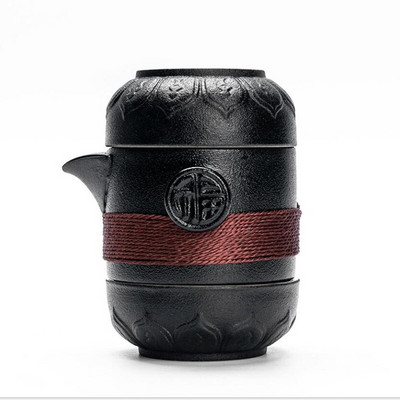 Čierna keramická kanvica na čaj s 2 šálkami čaju, prenosná cestovná kancelárska súprava na kung-fu čaj