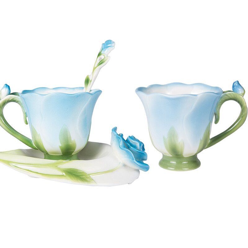 Najlepší 3D kvetinový smaltovaný keramický šálka na kávu a čaj s podšálkou, lyžička, vysoko kvalitný porcelánový šálka, kreatívny valentínsky darčekový dizajn