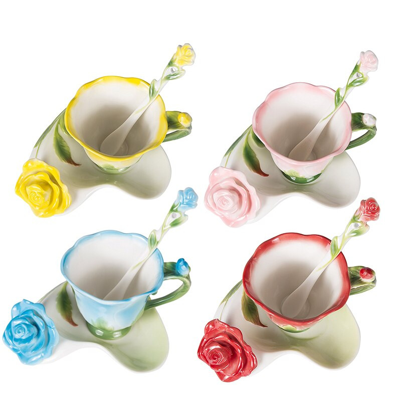 Najlepší 3D kvetinový smaltovaný keramický šálka na kávu a čaj s podšálkou, lyžička, vysoko kvalitný porcelánový šálka, kreatívny valentínsky darčekový dizajn