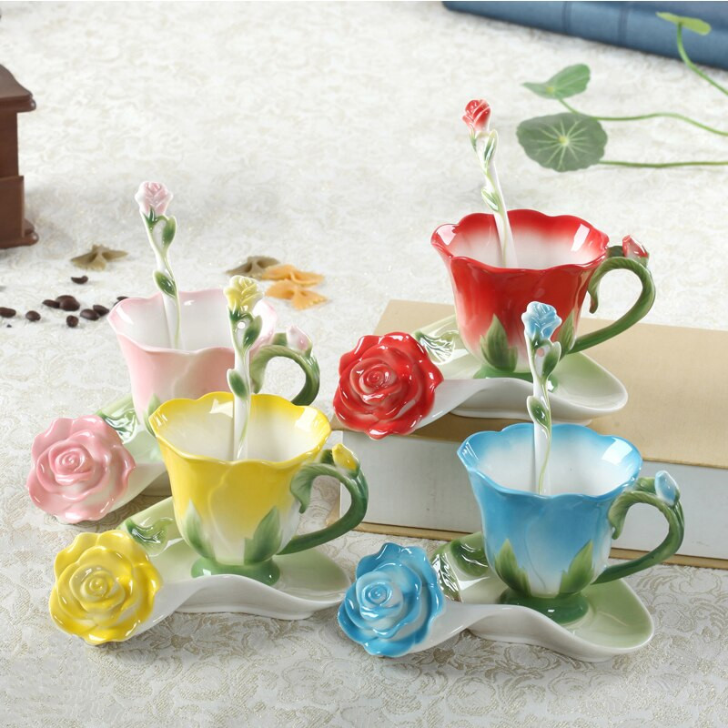 Najlepší 3D kvetinový smaltovaný keramický šálka na kávu a čaj s podšálkou, lyžička, vysoko kvalitný porcelánový šálka, kreatívny valentínsky darčekový dizajn