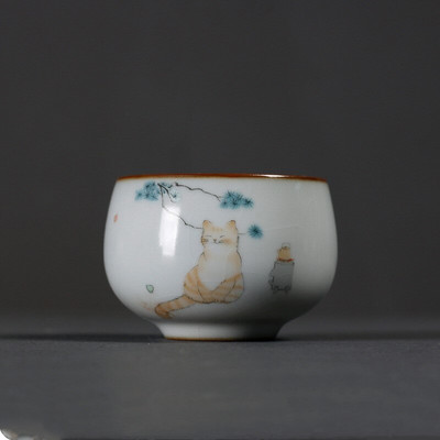 Keramická porcelánová šálka na čaj Ru Kiln Cat, čajová súprava Kung Fu, šálka na čaj