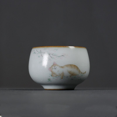Keramická porcelánová šálka na čaj Ru Kiln Cat, čajová súprava Kung Fu, šálka na čaj