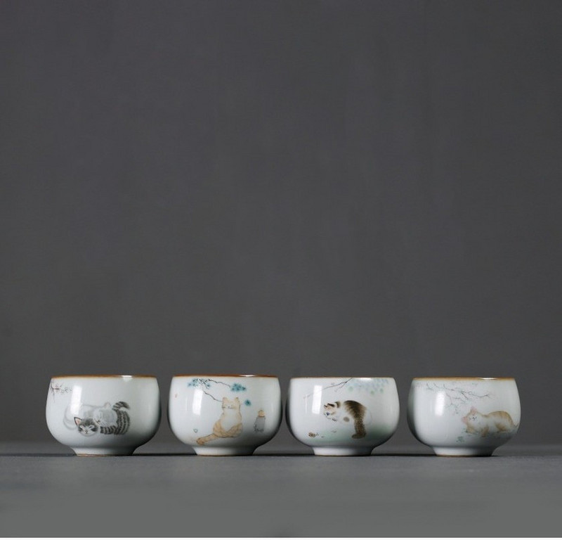 Keramická porcelánová šálka na čaj Ru Kiln Cat, čajová súprava Kung Fu, šálka na čaj