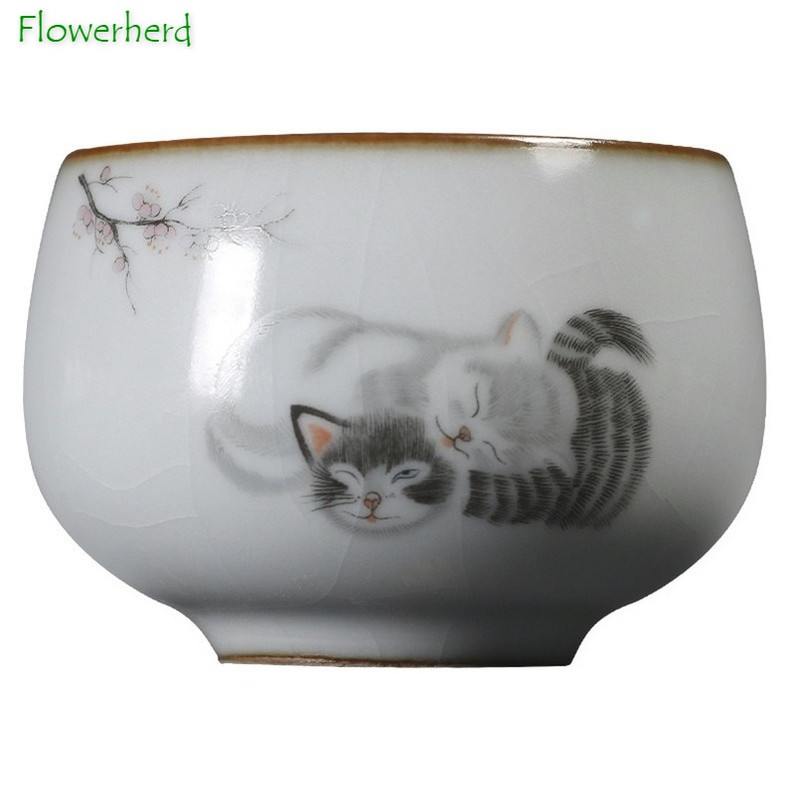 Keramická porcelánová šálka na čaj Ru Kiln Cat, čajová súprava Kung Fu, šálka na čaj