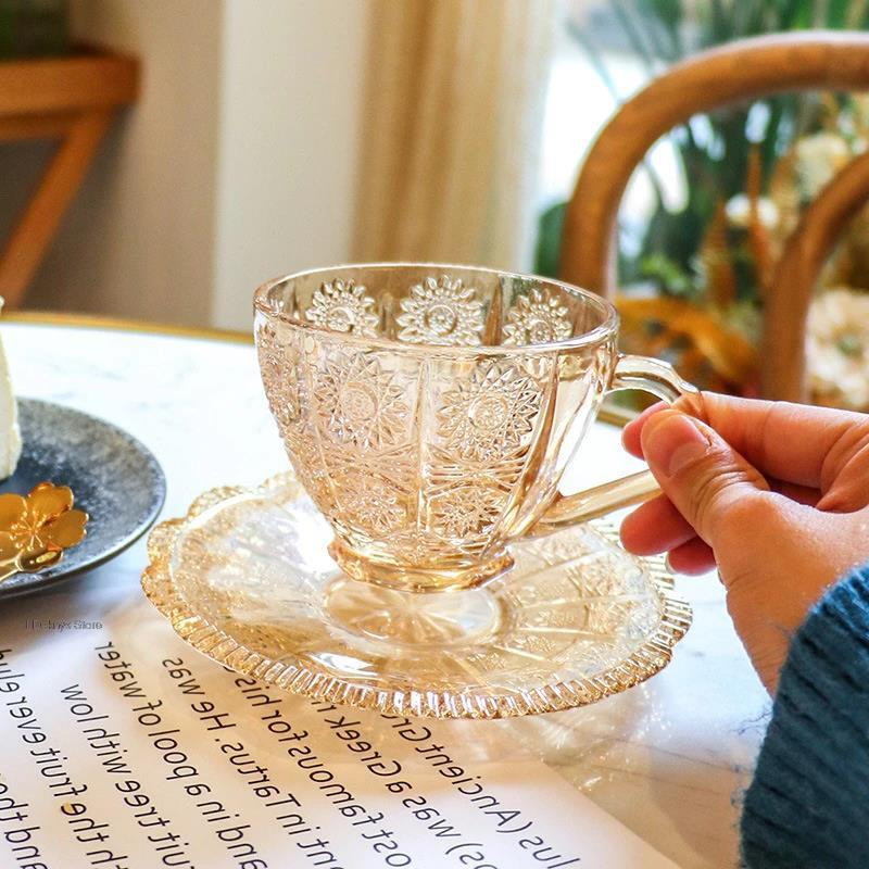 Set de cești de sticlă vintage nordic de 160 ml căni cești de cafea cu model de flori în relief pentru ceai, cafea, mic dejun, căni și pahare pentru casă