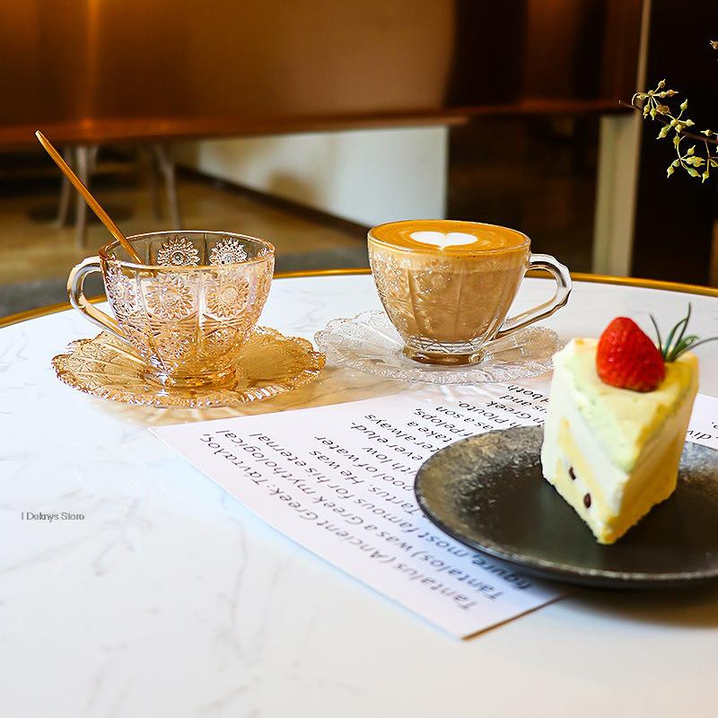 Set de cești de sticlă vintage nordic de 160 ml căni cești de cafea cu model de flori în relief pentru ceai, cafea, mic dejun, căni și pahare pentru casă