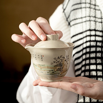 Чаши за чай от пепел от растения Керамични преносими комплекти чайници Пътуване на открито Gaiwan Чаши за чаена церемония Чаша за чай Изискан подарък Комплект за чай Kung Fu