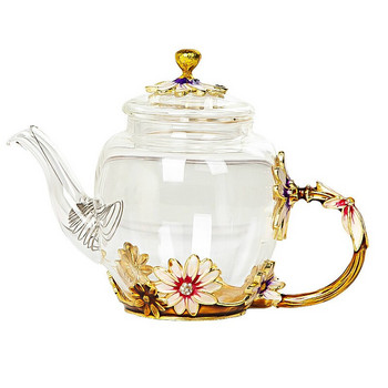Красив емайлиран кристален сервиз за чай маргаритка Стъклен чайник за топли и студени напитки Домашни прибори за напитки Офис чайник Комплект прибори за чай кана за кафе