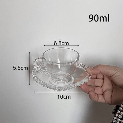 90ml/200ml romantická sada sklenených hrnčekov na kávu s podšálkami a rúčkou, kreatívna okrúhla korálková rukoväť, šálka na mlieko a džús, popoludňajší čaj, šálka na espresso