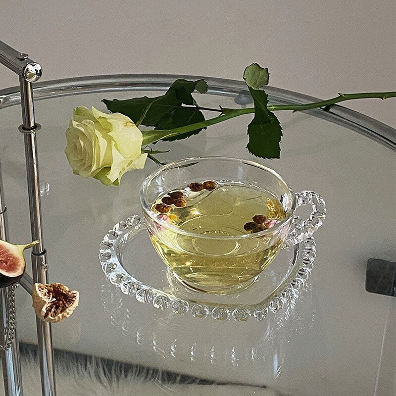 90ml/200ml romantická sada sklenených hrnčekov na kávu s podšálkami a rúčkou, kreatívna okrúhla korálková rukoväť, šálka na mlieko a džús, popoludňajší čaj, šálka na espresso