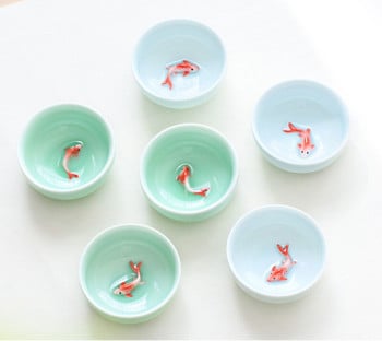 6 τμχ Σετ φλιτζάνι τσαγιού Celadon Golden Fish China, πηλό kung Fu zi sha Crackle Glaze Travel Bowl Τσάι από κινέζικη πορσελάνη