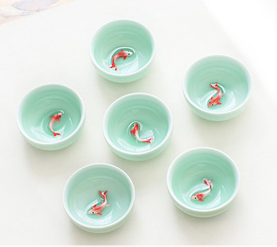  6 vnt Celadon Golden Fish Kinijos arbatos puodelių rinkinys, kung Fu molio zi sha Crackle Glaze Travel Tea Bowl Kiniško porceliano arbatos puodelių rinkinys