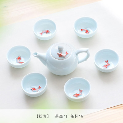  6-dielna sada čínskych čajových šálok Celadon Golden Fish, cestovná čajová miska z hliny kung-fu zi sha s praskavou glazúrou, sada čínskych porcelánových šálok
