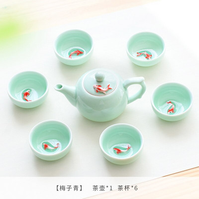  6-dielna sada čínskych čajových šálok Celadon Golden Fish, cestovná čajová miska z hliny kung-fu zi sha s praskavou glazúrou, sada čínskych porcelánových šálok
