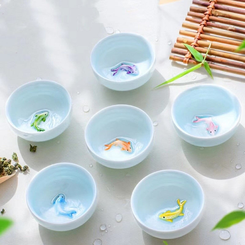  6-dielna sada čínskych čajových šálok Celadon Golden Fish, cestovná čajová miska z hliny kung-fu zi sha s praskavou glazúrou, sada čínskych porcelánových šálok