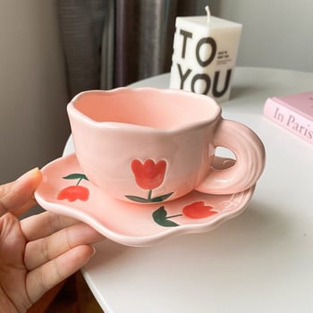 Holaroom Cute Coffee Mug Milk Cup Creative Ceramic Cup Poucer Set Milk Tea Drinking Cup Ποτό κουζίνας με χερούλι Πρακτικό