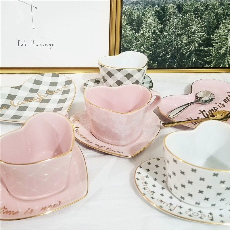 Keramička šalica za kavu i tanjurić u obliku srca, šalica za kavu, set za popodnevni čaj, keramička šalica, kuhinjski dodaci, posuda za šalicu za mlijeko