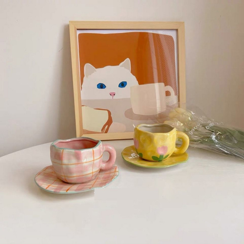 320ml Kawaii Ručne maľovaný Kvetinový Keramický Hrnček Do Domácej Kancelárie Hrnček Podšálka Raňajky Mlieko Šťava Čaj Rukoväť Dievčenský Darčekový Nápoj