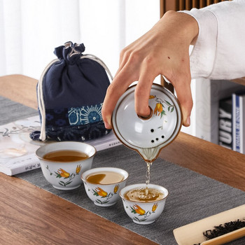 Висококачествен керамичен комплект за чай Включва 1 тенджера 3 чаши Чайник Преносим чайник за пътуване Офис Комплекти за чай Чаша за чай Чаена церемония