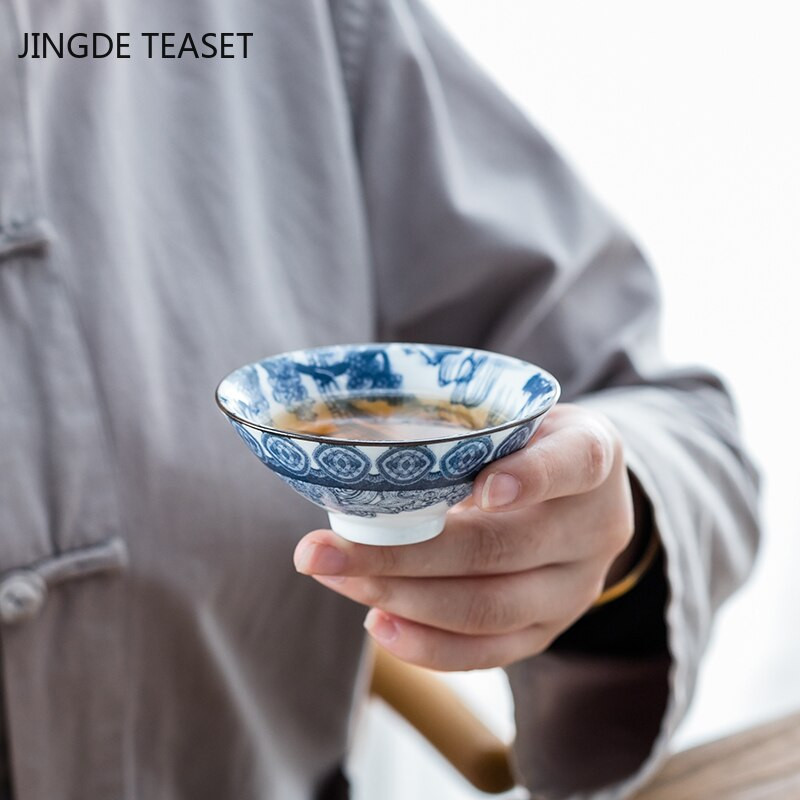 6 ks/sada Jingdezhen Ručne maľované Modrobiele porcelánové šálky na čaj Boutique Keramická majstrovská čajová miska Ručne vyrobená čajová súprava Príslušenstvo