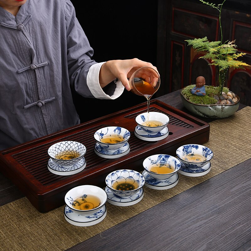 6 ks/sada Jingdezhen Ručne maľované Modrobiele porcelánové šálky na čaj Boutique Keramická majstrovská čajová miska Ručne vyrobená čajová súprava Príslušenstvo