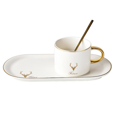 Скандинавски стил Лека луксозна керамична чаша за кафе Elk Комплекти дълги овални чинии с чаена лъжичка Чаша за следобеден чай Чаша за чай Десертни чинии Комплекти
